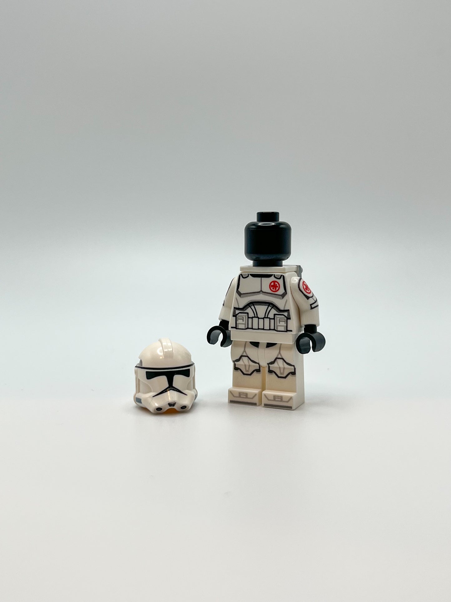 UV Printed Custom LEGO® Minifigure Medic Grunt with helmet off and printed backpack